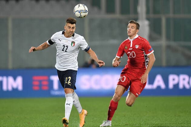 Stephan El Shaarawy of Italia and Sergiu Platica of Moldova compete for the ball during the friendly football match between Italy and Moldova at Artemio Franchi Stadium in Firenze (Italy), October, 7th 2020. Photo Andrea Staccioli Insidefoto andreaxstaccioli