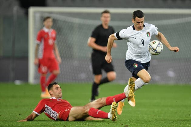 Kevin Lasagna of Italia and Igor Armas of Moldova celebrates after scoring the 6-0 goal during the friendly football match between Italy and Moldova at Artemio Franchi Stadium in Firenze (Italy), October, 7th 2020. Photo Andrea Staccioli Insidefoto andreaxstaccioli