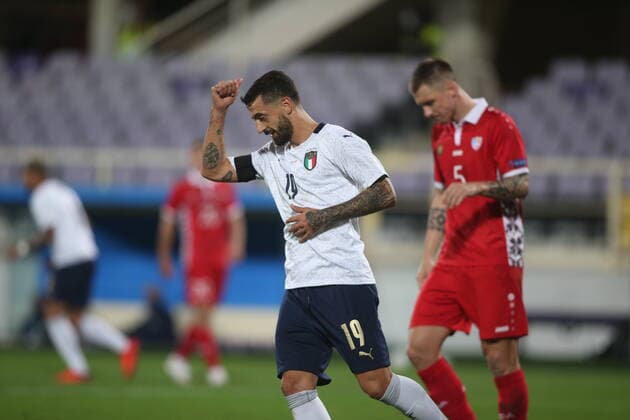 Florence 07 10 2020: FRANCESCO CAPUTO (ITALY) SCORE THE GOAL AND CELEBRATES during the friendly match between Italy vs Moldova in Artemio Franchi stadium in Florence.  Copyright: xMarcoxIacobuccix xIPAx xMarcoxIacobuccix 0
