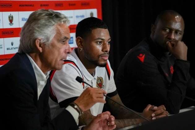 Jean Pierre Rivere (president de l OGC Nice) - Jeff Reine Adelaide (OGC Nice) - Patrick Vieira (entraineur de l OGC Nice) FOOTBALL : OGC Nice Presentation de Jeff Reine Adelaide - Nice - 08 10 2020 NorbertScanella PanoramiC 