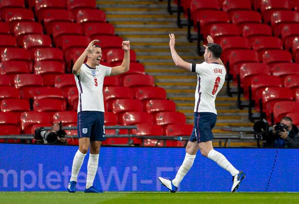 (201009) -- LONDON, Oct. 9, 2020 () -- England s Conor Coady (L) celebrates after scoring during a friendly match between England and Wales in London, Britain, on Oct. 8, 2020. () (SP) BRITAIN-LONDON-FOOTBALL-FRIENDLY MATCH-ENGLAND VS WALES Xinhua 