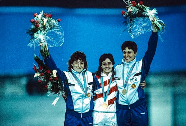 Speed skating, Eisschnelllauf Bonnie Blair Bonnie Blair (USA) wins the gold medal in the women s 500m long track speed skating with Christa Rothenburger (GDR) silver medal winner and Karin Kania (GDR) bronze at the 1998 Olympic Winter games, Winterspiele,Spiele, Summer games Calgary Olympic Oval Alberta Canada Copyright: xStevenxExxSutton DUOMO PCNx SS0102_064641