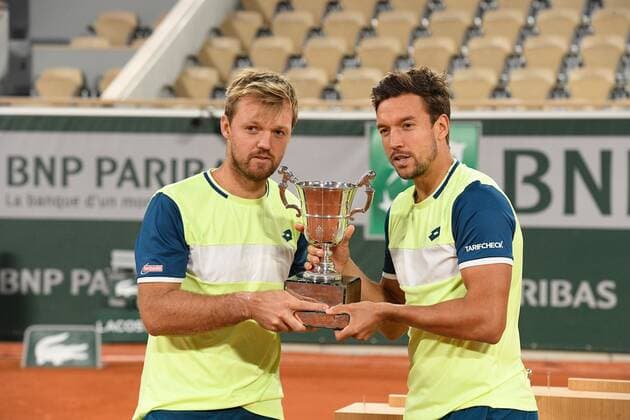 10 10 2020 Tennis final in the double French Open Roland Garros Paris from left ,Kevin Krawietz and Andreas Mies GER with winner cup photo HMB Media Copyright: AntonioxBorga