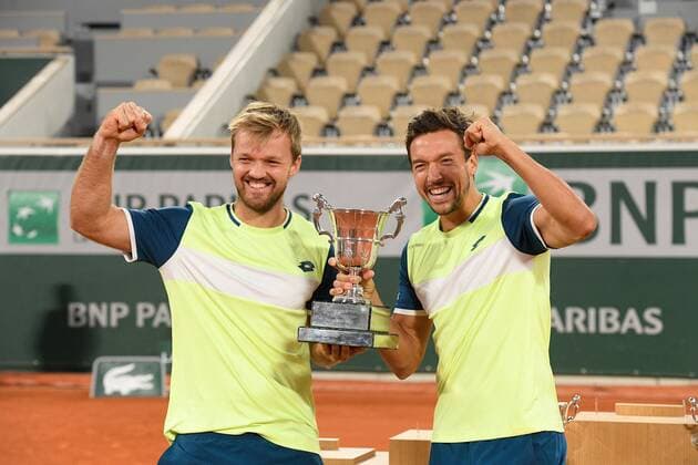 10 10 2020 Tennis final in the double French Open Roland Garros Paris f l ,Kevin Krawietz and Andreas Mies GER with winner cup, cheers after the end of the game Photo HMB Media Copyright: AntonioxBorga