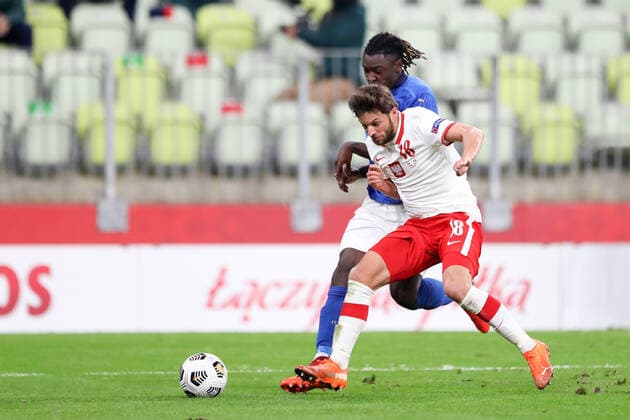 GDANSK 11.10.2020 MECZ 3. KOLEJKA LIGA NARODOW GRUPA A1 SEZON 2020 21: POLSKA - WLOCHY 0:0 --- 2020-21 UEFA NATIONS LEAGUE GROUP A1 FOOTBALL MATCH: POLAND - ITALY 0:0 MOISE KEAN BARTOSZ BERESZYNSKI FOT. PIOTR KUCZA FOTOPYK NEWSPIX.PL --- Newspix.pl  201011PYK0084