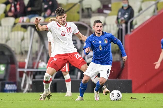 11.10.2020 GDANSK PILKA NOZNA - LIGA NARODOW UEFA MECZ GRUPY A POLSKA - WLOCHY Football - UEFA Nations League group A match Poland - Italy N Z MARCO VERATTI JAKUB MODER FOT MATEUSZ SLODKOWSKI FOTONEWS NEWSPIX.PL --- Newspix.pl  20201011FNMS164