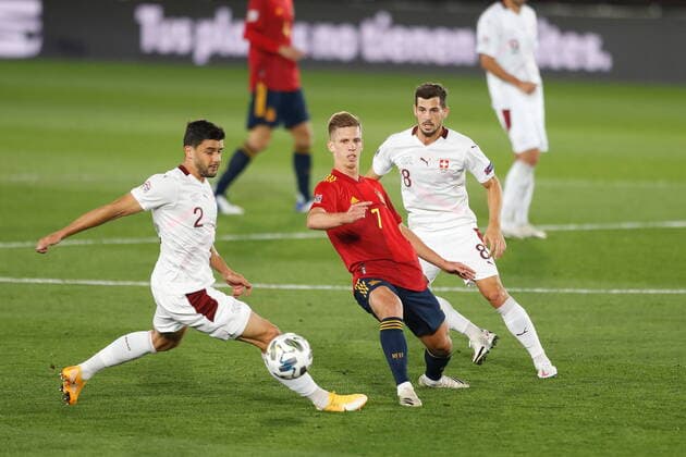 (L-R) Loris Benito (SUI), Dani Olmo (ESP), Remo Freuler (SUI), OCTOBER 10, 2020 - Football Soccer : UEFA Nations League group stage for final tournament Group A4 Matchday 3 between Spain 1-0 Switzerland at the Estadio Alfredo Di Stefano in Madrid, Spain. Noxthirdxpartyxsales  (0105550712st)