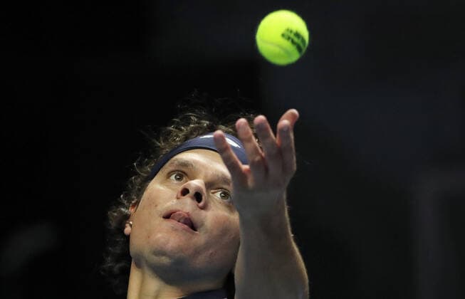 ST PETERSBURG, RUSSIA - OCTOBER 13, 2020: Canadian tennis player Milos Raonic serves the ball in a Round of 32 match against his American rival Jeffrey John Wolf during the St Petersburg Open 2020 international tournament held at Sibur Arena. Alexander Demianchuk TASS  TS0EAB21