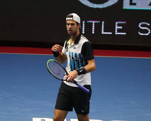 Russian Federation. Saint-Petersburg. SIBUR Arena. International tennis tournament ATP, Tennis Herren St. Petersburg Open By 2020. ATP500. Tennis. Match on October 13, 2020. Match Karen Khachanov - James Duckworth. Tennis player Karen Khachanov. MaksimxKonstantinov