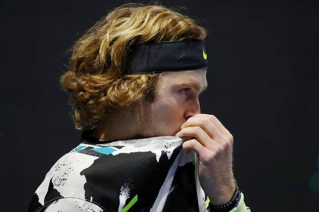 ST PETERSBURG, RUSSIA - OCTOBER 13, 2020: Russian tennis player Andrei Rublev struggles in a Round of 32 match against his Canadian rival Vasek Pospisil during the St Petersburg Open 2020 international tournament held at Sibur Arena. Alexander Demianchuk TASS  TS0EAB70