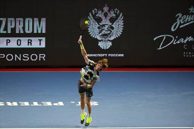 Russian Federation. Saint-Petersburg. SIBUR Arena. International tennis tournament ATP, Tennis Herren St. Petersburg Open By 2020. ATP500. Tennis. Match on October 13, 2020. Match Vashek Pospisil - Andrey Rublev. Tennis player Andrey Rublev. MaksimxKonstantinov