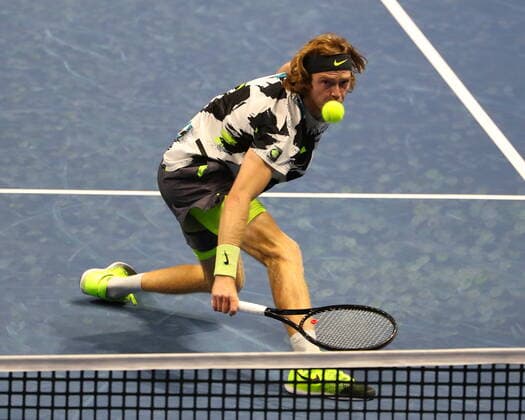 Russian Federation. Saint-Petersburg. SIBUR Arena. International tennis tournament ATP, Tennis Herren St. Petersburg Open By 2020. ATP500. Tennis. Match on October 13, 2020. Match Vashek Pospisil - Andrey Rublev. Tennis player Andrey Rublev. MaksimxKonstantinov
