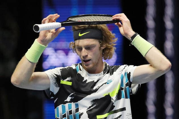ST PETERSBURG, RUSSIA - OCTOBER 13, 2020: Russian tennis player Andrei Rublev is seen during a Round of 32 match against Canada s Pospisil at the 2020 St Petersburg Open international tournament at Sibur Arena. Rublev won the match 6-2, 6-4. Alexander Demianchuk TASS  TS0EAB78
