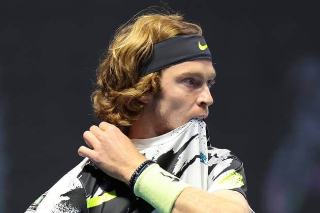 ST PETERSBURG, RUSSIA - OCTOBER 13: Andrey Rublev during International tennis tournament ATP, Tennis Herren St. Petersburg Open on October 13, 2020, at Sibur Arena in Saint Petersburg, Russia. (Photo by Anatoliy Medved Iconsportswire) TENNIS: OCT 13 St Petersburg Open Icon201013064