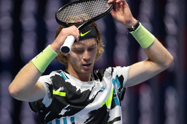 ST PETERSBURG, RUSSIA - OCTOBER 13: Andrey Rublev during International tennis tournament ATP, Tennis Herren St. Petersburg Open on October 13, 2020, at Sibur Arena in Saint Petersburg, Russia. (Photo by Anatoliy Medved Iconsportswire) TENNIS: OCT 13 St Petersburg Open Icon201013043