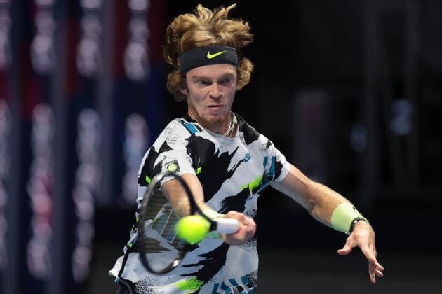 ST PETERSBURG, RUSSIA - OCTOBER 13: Andrey Rublev during International tennis tournament ATP, Tennis Herren St. Petersburg Open on October 13, 2020, at Sibur Arena in Saint Petersburg, Russia. (Photo by Anatoliy Medved Iconsportswire) TENNIS: OCT 13 St Petersburg Open Icon201013054