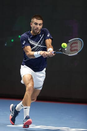 ST PETERSBURG, RUSSIA - OCTOBER 13: Borna Coric with backhand shot during International tennis tournament ATP, Tennis Herren St. Petersburg Open on October 13, 2020, at Sibur Arena in Saint Petersburg, Russia. (Photo by Anatoliy Medved Iconsportswire) TENNIS: OCT 13 St Petersburg Open Icon201013002