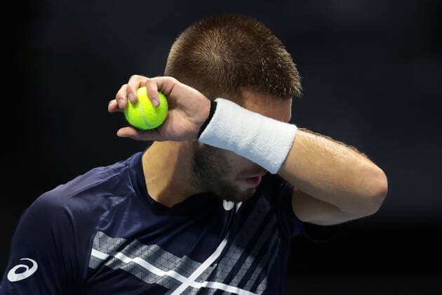 ST PETERSBURG, RUSSIA - OCTOBER 13: Borna Coric wipes the sweat off his brow during International tennis tournament ATP, Tennis Herren St. Petersburg Open on October 13, 2020, at Sibur Arena in Saint Petersburg, Russia. (Photo by Anatoliy Medved Iconsportswire) TENNIS: OCT 13 St Petersburg Open Icon201013003