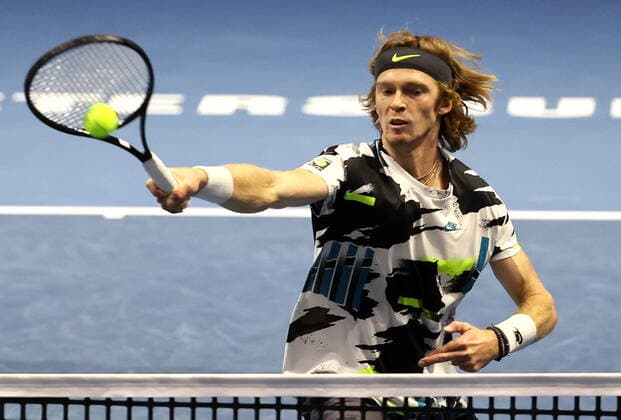 ST PETERSBURG, RUSSIA - OCTOBER 14, 2020: Russian tennis player Andrei Rublev struggles in a men s doubles quarter-final match against their rivals Alexander Bublik of Kazakhstan and Reilly Opelka of the US during the St Petersburg Open 2020 international tournament held at Sibur Arena. Alexander Demianchuk TASS  TS0EAD2F