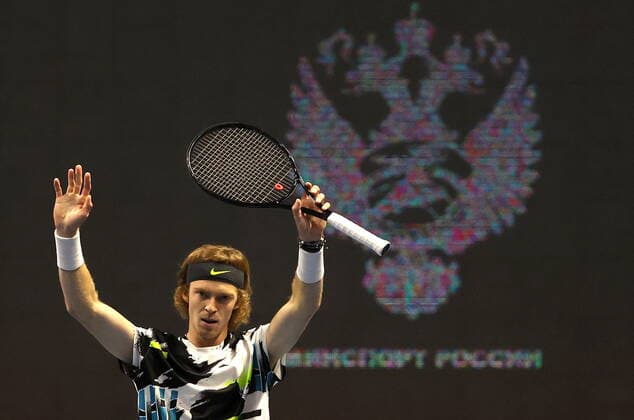 ST PETERSBURG, RUSSIA - OCTOBER 14, 2020: Russian tennis player Andrei Rublev gestures during a men s doubles quarter-final match against his rivals Alexander Bublik of Kazakhstan and Reilly Opelka of the US during the St Petersburg Open 2020 international tournament held at Sibur Arena. Alexander Demianchuk TASS  TS0EAD31