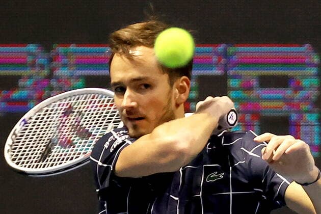 ST PETERSBURG, RUSSIA - OCTOBER 14, 2020: Russian tennis player Daniil Medvedev struggles in a Round of 32 match against his French rival Richard Gasquet during the St Petersburg Open 2020 international tournament held at Sibur Arena. Alexander Demianchuk TASS  TS0EAD36