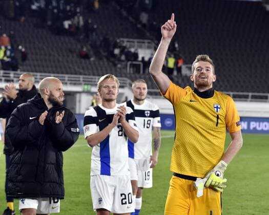 Teemu Pukki (L), Joel Pohjanpalo and goalkeeper Lukas Hradecky of team Finland celebrate their 1-0 win after the UEFA Nations League, League B Group 4, football match Finland vs Ireland at the Helsinki Olympic Stadium in Helsinki, Finland on October 14, 2020. Helsinki Finland LKFTJ20201014211051AMNB  Copyright: xJussixNukarix