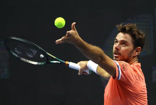 ST PETERSBURG, RUSSIA - OCTOBER 14, 2020: Switzerland s tennis player Stan Wawrinka competes in a Round of 32 match against Russia s Donskoy at the St Petersburg Open 2020 international tournament at Sibur Arena. Alexander Demianchuk TASS  TS0EAD54