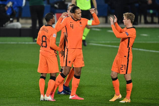 Virgil Van Dijk and Frenkie De Jong of Netherlands during the Uefa Nation League Group Stage A1 football match between Italy and Netherlands at Atleti azzurri d Italia Stadium in Bergamo (Italy), October, 14, 2020. Photo Andrea Staccioli Insidefoto andreaxstaccioli