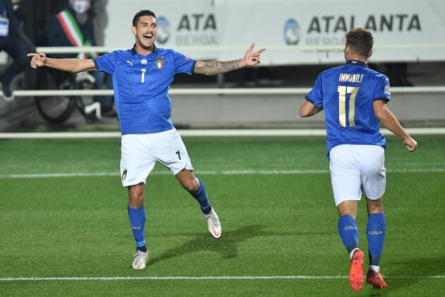 Lorenzo Pellegrini of Italy celebrates with Ciro Immobile after scoring a goal during the Uefa Nation League Group Stage A1 football match between Italy and Netherlands at Atleti azzurri d Italia Stadium in Bergamo (Italy), October, 14, 2020. Photo Andrea Staccioli Insidefoto andreaxstaccioli