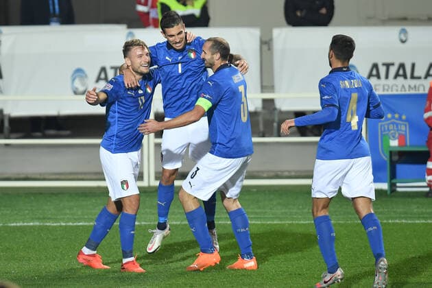 Lorenzo Pellegrini of Italy celebrates with Ciro Immobile and Chiellini after scoring a goal during the Uefa Nation League Group Stage A1 football match between Italy and Netherlands at Atleti azzurri d Italia Stadium in Bergamo (Italy), October, 14, 2020. Photo Andrea Staccioli Insidefoto andreaxstaccioli