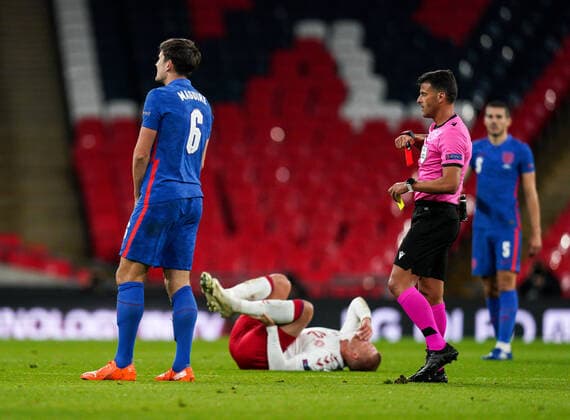 Referee Jes?s Gil Manzano of Spain shows Harry Maguire Manchester United, ManU of England a second yellow card and then a red for a foul on Kasper Dolberg (Nice) of Denmark during the UEFA Nations League match played behind closed doors due to the current government Covid-19 rules within sports venues between England and Denmark at Wembley Stadium, London, England on 14 October 2020. Copyright: xAndyxRowlandx PMI-3658-0036
