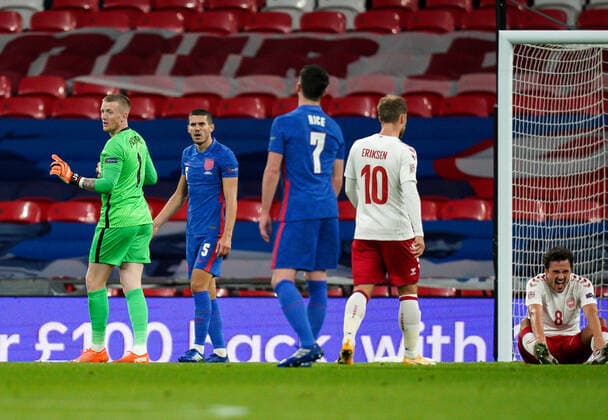 Goalkeeper Jordan Pickford (Everton) of England after the penalty is awarded to Denmark during the UEFA Nations League match played behind closed doors due to the current government Covid-19 rules within sports venues between England and Denmark at Wembley Stadium, London, England on 14 October 2020. Copyright: xAndyxRowlandx PMI-3658-0052