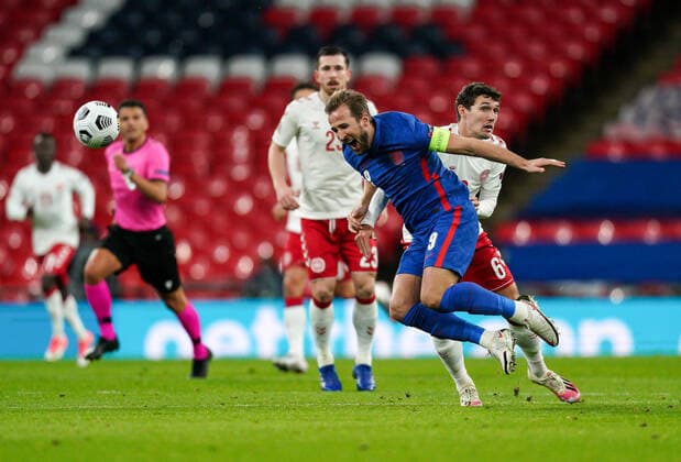 Harry Kane (Tottenham Hotspur) of England is fouled by Andreas Christensen (Chelsea) of Denmark during the UEFA Nations League match played behind closed doors due to the current government Covid-19 rules within sports venues between England and Denmark at Wembley Stadium, London, England on 14 October 2020. Copyright: xAndyxRowlandx PMI-3658-0055