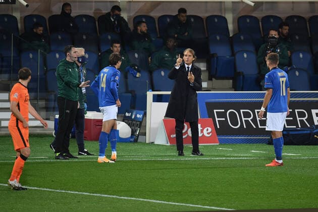 Roberto Mancini, Italy coach during the Uefa Nation League Group Stage A1 football match between Italy and Netherlands at Atleti azzurri d Italia Stadium in Bergamo (Italy), October, 14, 2020. Photo Andrea Staccioli Insidefoto andreaxstaccioli