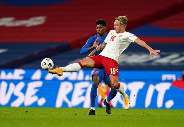 Daniel Wass (Valencia) of Denmark gets in front of Marcus Rashford Manchester United, ManU of England during the UEFA Nations League match played behind closed doors due to the current government Covid-19 rules within sports venues between England and Denmark at Wembley Stadium, London, England on 14 October 2020. Copyright: xAndyxRowlandx PMI-3658-0094