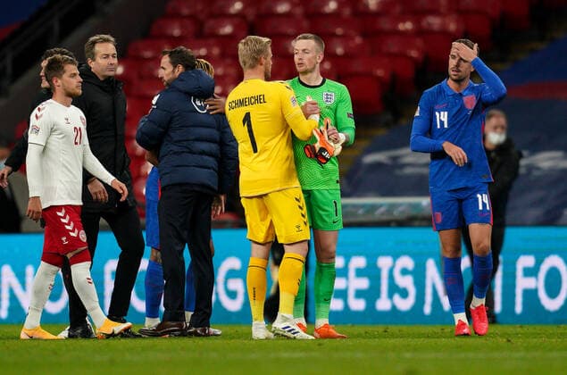 Goalkeeper Jordan Pickford (Everton) of England and Goalkeeper Kasper Schmeichel (Leicester City) of Denmark shake hands after the UEFA Nations League match played behind closed doors due to the current government Covid-19 rules within sports venues between England and Denmark at Wembley Stadium, London, England on 14 October 2020. Copyright: xAndyxRowlandx PMI-3658-0142