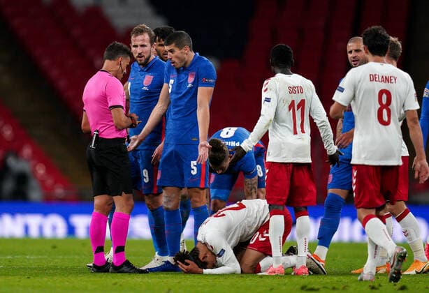 Conor Coady (Wolverhampton Wanderers) of England remonstrates with the Referee Jes?s Gil Manzano of Spain after Yussuf Poulsen (RB Leipzig) of Denmark fouls Harry Kane (Tottenham Hotspur) of England during the UEFA Nations League match played behind closed doors due to the current government Covid-19 rules within sports venues between England and Denmark at Wembley Stadium, London, England on 14 October 2020. Copyright: xAndyxRowlandx PMI-3658-0151