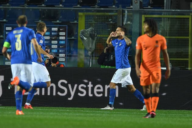 Lorenzo Pellegrini (Italy) celebrates after scoring his team s first goal during the Uefa Nations League 2020-2021 match between Italy 1-1 Neterlands at Gewiss Stadium October 14, 2020 in Bergamo, Italy. Noxthirdxpartyxsales  (146364371)