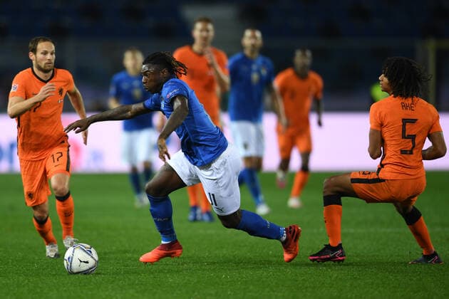 Moise Kean (Italy)Nathan Ake (Netherlands)Daley Blind (Netherlands) during the Uefa Nations League 2020-2021 match between Italy 1-1 Neterlands at Gewiss Stadium October 14, 2020 in Bergamo, Italy. Noxthirdxpartyxsales  (146364557)