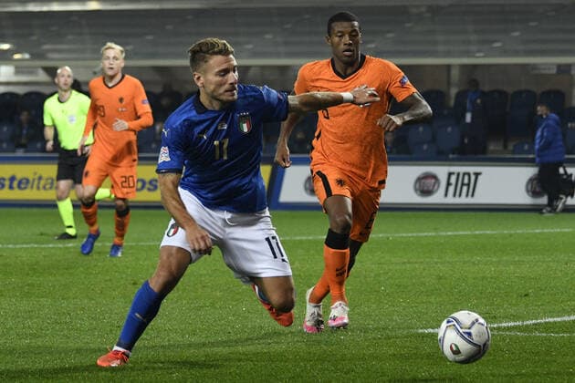 Ciro Immobile (Italy)Georginio Wijnaldum (Netherlands) during the Uefa Nations League 2020-2021 match between Italy 1-1 Neterlands at Gewiss Stadium October 14, 2020 in Bergamo, Italy. Noxthirdxpartyxsales  (146364580)