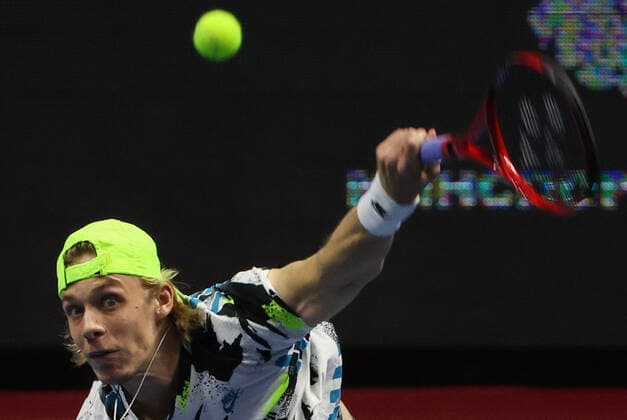 ST PETERSBURG, RUSSIA - OCTOBER 15, 2020: Canadian tennis player Denis Shapovalov struggles in a Round of 16 match against his Belarusian rival Ilya Ivashka during the St Petersburg Open 2020 international tournament held at Sibur Arena. Alexander Demianchuk TASS  TS0EAE0F