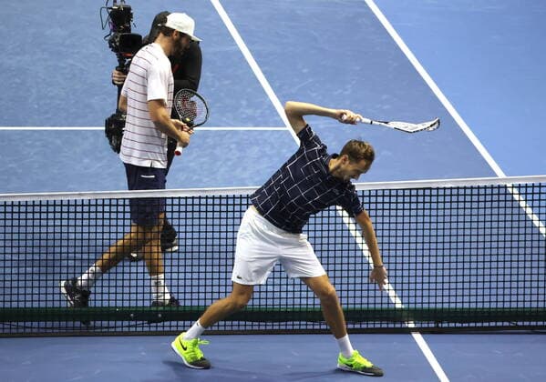 ST PETERSBURG, RUSSIA - OCTOBER 15, 2020: Russian tennis player Daniil Medvedev (R) reacts after a Round of 16 match against his rival Reilly Opelka of the United States during the St Petersburg Open 2020 international tournament held at Sibur Arena. Alexander Demianchuk TASS  TS0EAF02