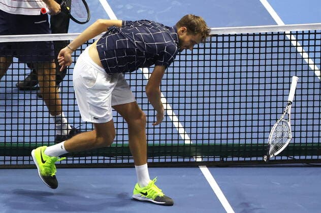 ST PETERSBURG, RUSSIA - OCTOBER 15, 2020: Russian tennis player Daniil Medvedev reacts after a Round of 16 match against his rival Reilly Opelka of the United States during the St Petersburg Open 2020 international tournament held at Sibur Arena. Alexander Demianchuk TASS  TS0EAF06