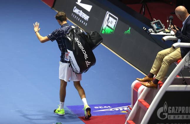ST PETERSBURG, RUSSIA - OCTOBER 15, 2020: Russian tennis player Daniil Medvedev leaves after a Round of 16 match against his rival Reilly Opelka of the United States during the St Petersburg Open 2020 international tournament held at Sibur Arena. Alexander Demianchuk TASS  TS0EAF07