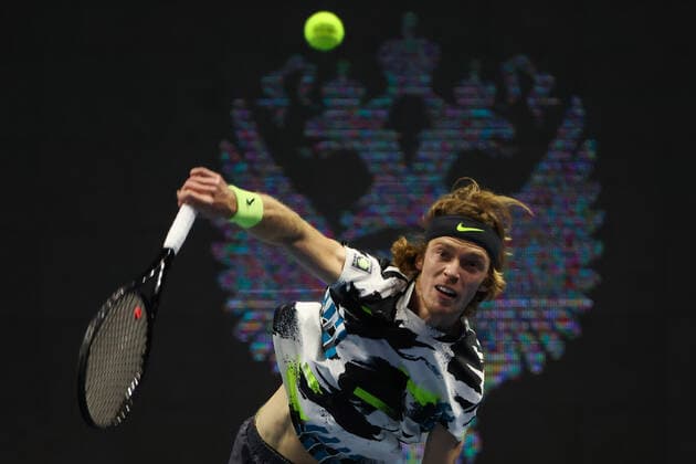 ST PETERSBURG, RUSSIA - OCTOBER 16, 2020: Russia s Andrey Rublev returns the ball in a quarterfinal match against the UK s Cameron Norrie at the St Petersburg Open 2020 international tournament held at Sibur Arena. Alexander Demianchuk TASS  TS0EB00E