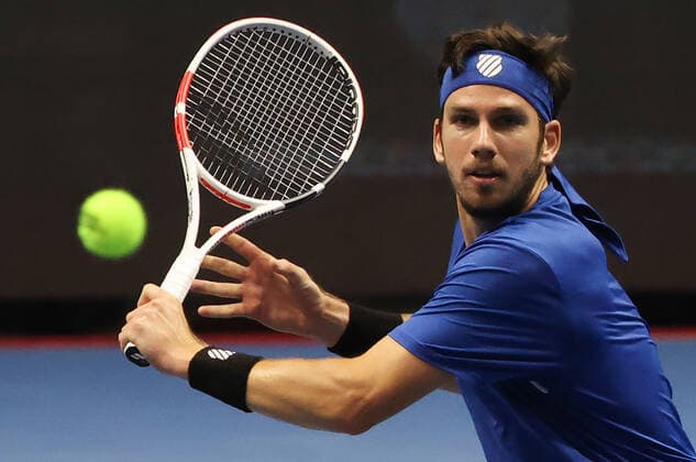 ST PETERSBURG, RUSSIA - OCTOBER 16, 2020: The UK s Cameron Norrie returns the ball in a quarterfinal match against Russia s Andrey Rublev at the St Petersburg Open 2020 international tournament held at Sibur Arena. Alexander Demianchuk TASS  TS0EB015