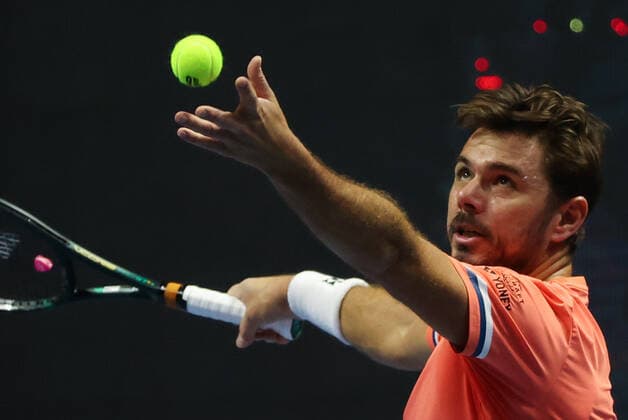 ST PETERSBURG, RUSSIA - OCTOBER 16, 2020: Switzerland s Stan Wawrinka serves the ball in a quarterfinal match against Canada s Denis Shapovalov at the St Petersburg Open 2020 international tournament held at Sibur Arena. Alexander Demianchuk TASS  TS0EB046