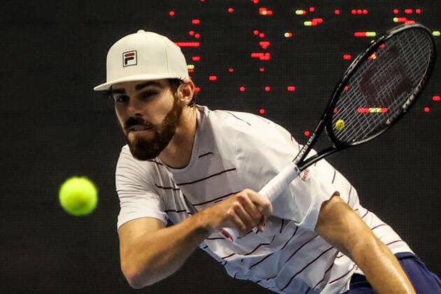 ST PETERSBURG, RUSSIA - OCTOBER 16, 2020: The USA s Reilly Opelka returns the ball in a quarterfinal match against Croatia s Borna Coric at the St Petersburg Open 2020 international tournament held at Sibur Arena. Alexander Demianchuk TASS  TS0EB0BB