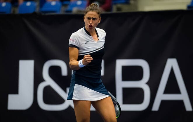 October 17, 2020, Ostrava, CZECH REPUBLIC: Sara Sorribes Tormo of Spain of Spain in action during the first qualifications round at the 2020 J&T Banka Ostrava Open WTA, Tennis Damen Premier tennis tournament against Ana Bogdan of Romania Ostrava CZECH REPUBLIC - ZUMAa181 20201017_zaa_a181_006 Copyright: xRobxPrangex