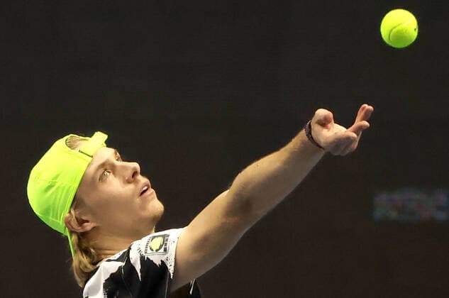 ST PETERSBURG, RUSSIA - OCTOBER 17, 2020: Canada s Denis Shapovalov serves the ball in a semifinal match against Russia s Andrey Rublev at the St Petersburg Open 2020 international tournament held at Sibur Arena. Alexander Demianchuk TASS  TS0EB259